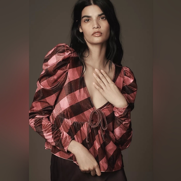 Anthropologie Maeve Velvet Babydoll Top Red Pink Puff Sleeve Large - Picture 1 of 7